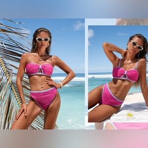 Seamoly 2 in 1 Convertible Bikini Sets Ribbed Color Block Bandeau Swimsuit. Sz S